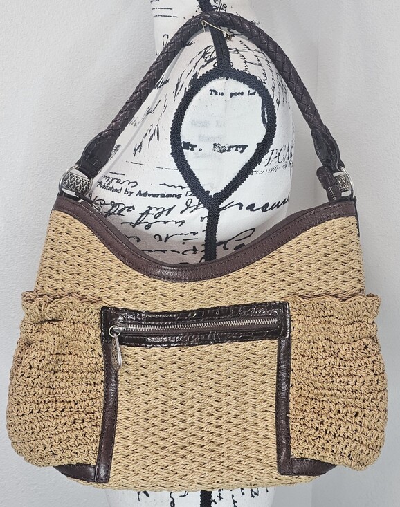 Brighton Handbags - Brighton Women's Woven Jute/Leather Hobo Bag Braided Leather Handle Zip Closure